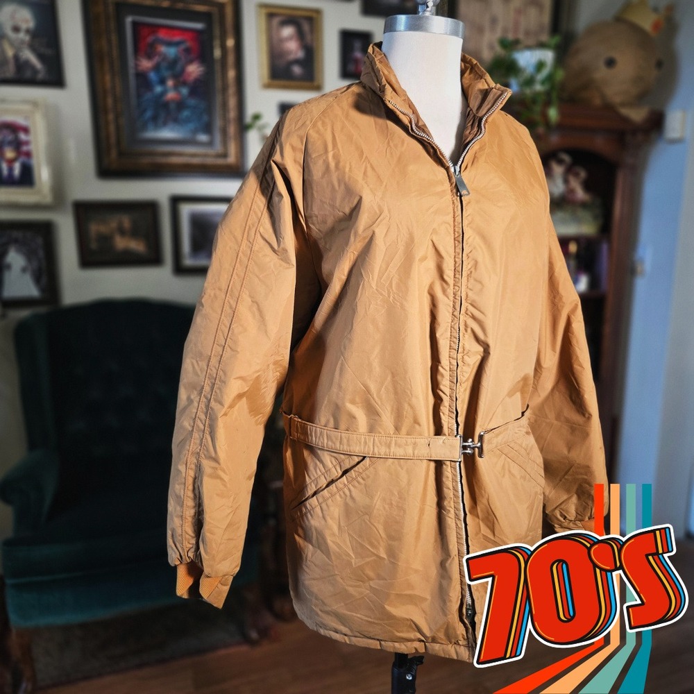 Sir Jac Parka Jacket Vintage 70s‎ Belted Tan Retro Utility Coat Mid Length L